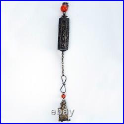 Chinese Silver Carnelian Needle Case with Daoist Figure Pendant 19th Century