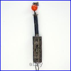 Chinese Silver Carnelian Needle Case with Daoist Figure Pendant 19th Century