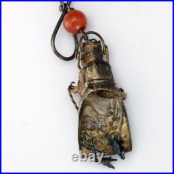 Chinese Silver Carnelian Needle Case with Daoist Figure Pendant 19th Century