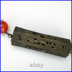 Chinese Silver Carnelian Needle Case with Daoist Figure Pendant 19th Century