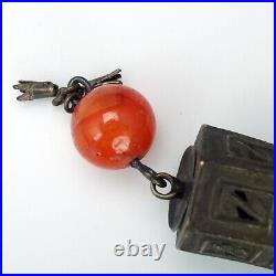 Chinese Silver Carnelian Needle Case with Daoist Figure Pendant 19th Century