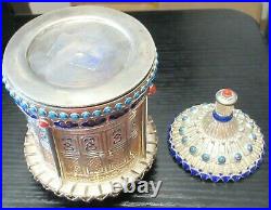 Chinese Silver Cloisonne Enamel And Stones Temple Shape Canister Caddy Jar Box