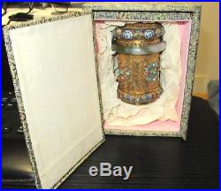 Chinese Silver Cloisonne Enamel Jade & Stones Canister Caddy Jar Box