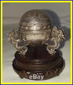 Chinese Silver Dragon & Pearl Nutmeg Grater & Stand Circa 1880-90, Hallmarked