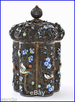 Chinese Silver Enamel Turquoise & Coral Bead Box