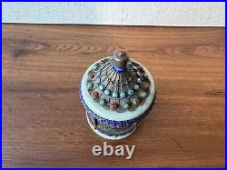 Chinese Silver Filigree Enamelled Covered Tea Box with Jade & Precious Stones