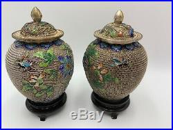Chinese Silver Gilt Filigree Enamel Covered Jar Matching Pair Wood Stands