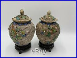 Chinese Silver Gilt Filigree Enamel Covered Jar Matching Pair Wood Stands