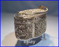 Chinese Silver Pierced Cricket Lock-Box Cherry Blossoms Birds Motif Circa 1930s