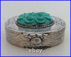 Chinese Silver Pill Box Carved Turquoise Top 80415