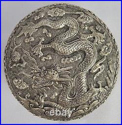 Chinese Silver Round Dragon Box with Mirror Repousse. 925 Sterling Large Vintage