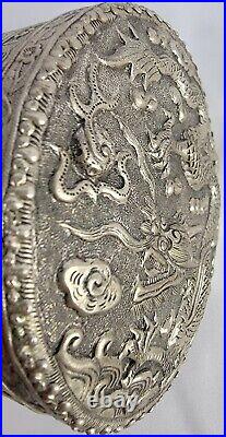 Chinese Silver Round Dragon Box with Mirror Repousse. 925 Sterling Large Vintage