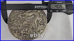 Chinese Silver Round Dragon Box with Mirror Repousse. 925 Sterling Large Vintage