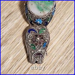 Chinese Silver Vermeil Carved Jade Hinged Floral Cloisonné Bracelet Vintage RARE