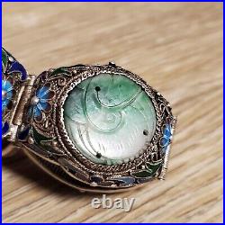 Chinese Silver Vermeil Carved Jade Hinged Floral Cloisonné Bracelet Vintage RARE