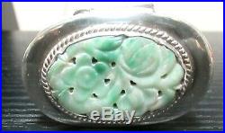 Chinese Silver White & Emerald Green Jade Floral Trinket Pill Box