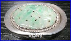Chinese Silver White & Emerald Green Jade Floral Trinket Pill Box
