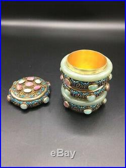 Chinese Silver, enamel, jade and gem covered box