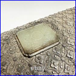 Chinese Silvered Metal Scroll Box Carved Jade & Chrysoprase early 20th cen