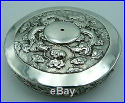 Chinese Solid Silver 6 Panel String Box Antique Dragons Bamboo Birds Blossom