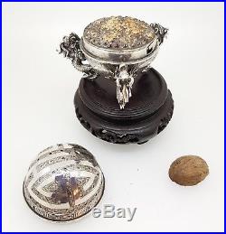 Chinese Solid Silver Dragons Nutmeg Grater / Shaker / Incense Burner Antique