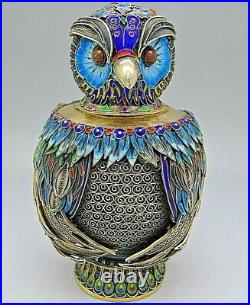 Chinese Solid Silver Gold Gilt Enamel Figural Owl Tea Caddy Jar Box Stones