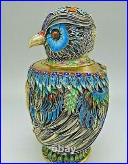 Chinese Solid Silver Gold Gilt Enamel Figural Owl Tea Caddy Jar Box Stones