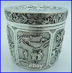 Chinese Solid Silver String Box 6 Panels Antique Dragons Bamboo Birds Blossom