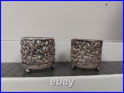 Chinese Sterling Footed Salt Cellar Chrysanthemum Two (2) 28 Grams Original Box