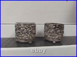 Chinese Sterling Footed Salt Cellar Chrysanthemum Two (2) 28 Grams Original Box