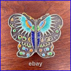 Chinese Sterling Silver & Enamel Box Colorful Butterfly