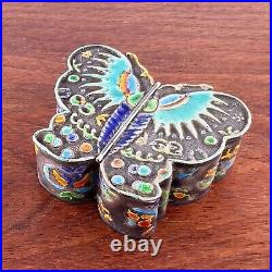 Chinese Sterling Silver & Enamel Box Colorful Butterfly