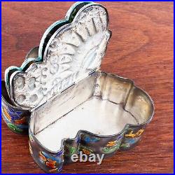 Chinese Sterling Silver & Enamel Box Colorful Butterfly