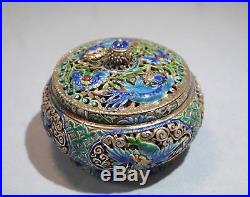 Chinese Sterling Silver Enamel Pierced Lidded Box/Incense Burner early 20th C