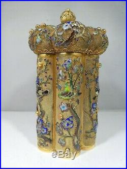 Chinese Sterling Silver Enameled Tea Caddy Box With Birds And Flowers