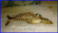 Chinese Sterling Silver Gold Gilt Articulated Filigre Fish Turquoise Eyes Boxed