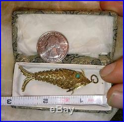 Chinese Sterling Silver Gold Gilt Articulated Filigre Fish Turquoise Eyes Boxed