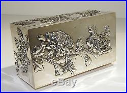 Chinese Sterling Silver High Relief Chrysanthemums Cigar Box by Wang Hing 1900s