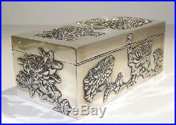 Chinese Sterling Silver High Relief Chrysanthemums Cigar Box by Wang Hing 1900s