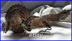 Chinese Sterling Silver Ruby Dragon Statue Figure Filigree Stamped 925 Jewelry