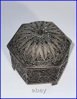 Chinese Sterling silver filigree lidded box signed Hallmarks, cricket box