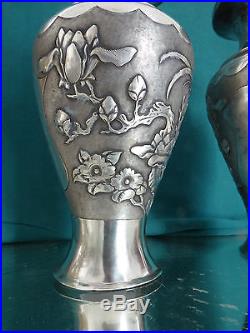 Chinese TWO VASES export Solid Silver WITH VEGETATVIER DECORATION AND BIRDS