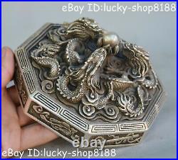 Chinese Tibet Buddhism Bronze silver Dragon Ghau Shrine Buddhist Ritual Box