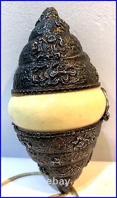 Chinese Tibetan Buddhist Coin Silver Copper Seashell Ritual Object Box 17cm Rare