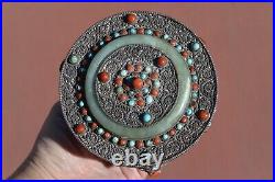 Chinese Tibetan Filigree Silver Jade Bracelet Bangle Coral Turquoise Bead Box