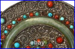 Chinese Tibetan Filigree Silver Jade Bracelet Bangle Coral Turquoise Bead Box