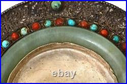 Chinese Tibetan Filigree Silver Jade Bracelet Bangle Coral Turquoise Bead Box