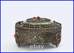 Chinese Tibetan Filigree Silver Jade Bracelet Bangle Coral Turquoise Bead Box