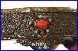 Chinese Tibetan Filigree Silver Jade Bracelet Bangle Coral Turquoise Bead Box