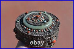 Chinese Tibetan Filigree Silver Jade Bracelet Bangle Coral Turquoise Bead Box